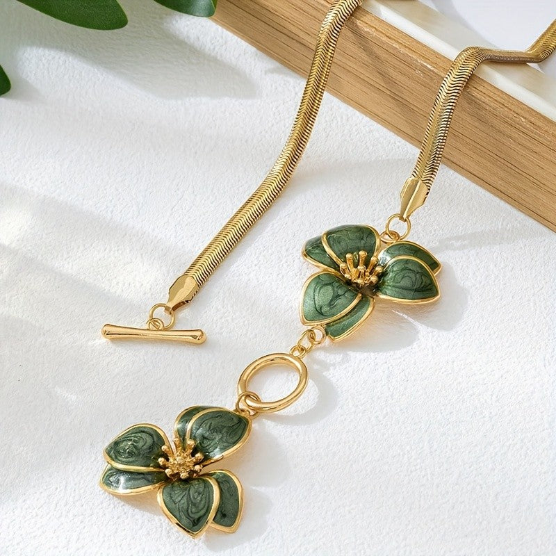 Green Enamel Flower Toggle Necklace