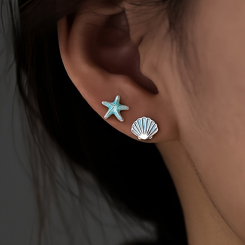 Teal Starfish & Shell Stud Earrings