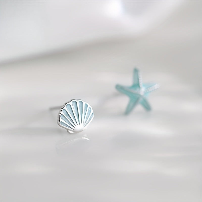 Teal Starfish & Shell Stud Earrings