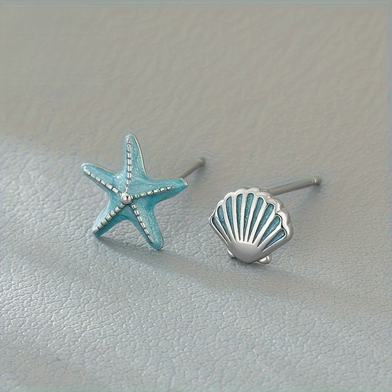 Teal Starfish & Shell Stud Earrings