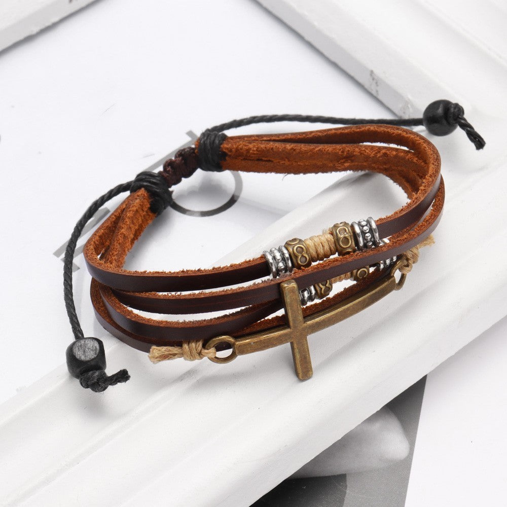 Brown Leather Wrap Cross Bracelet