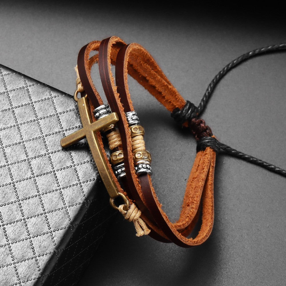 Brown Leather Wrap Cross Bracelet