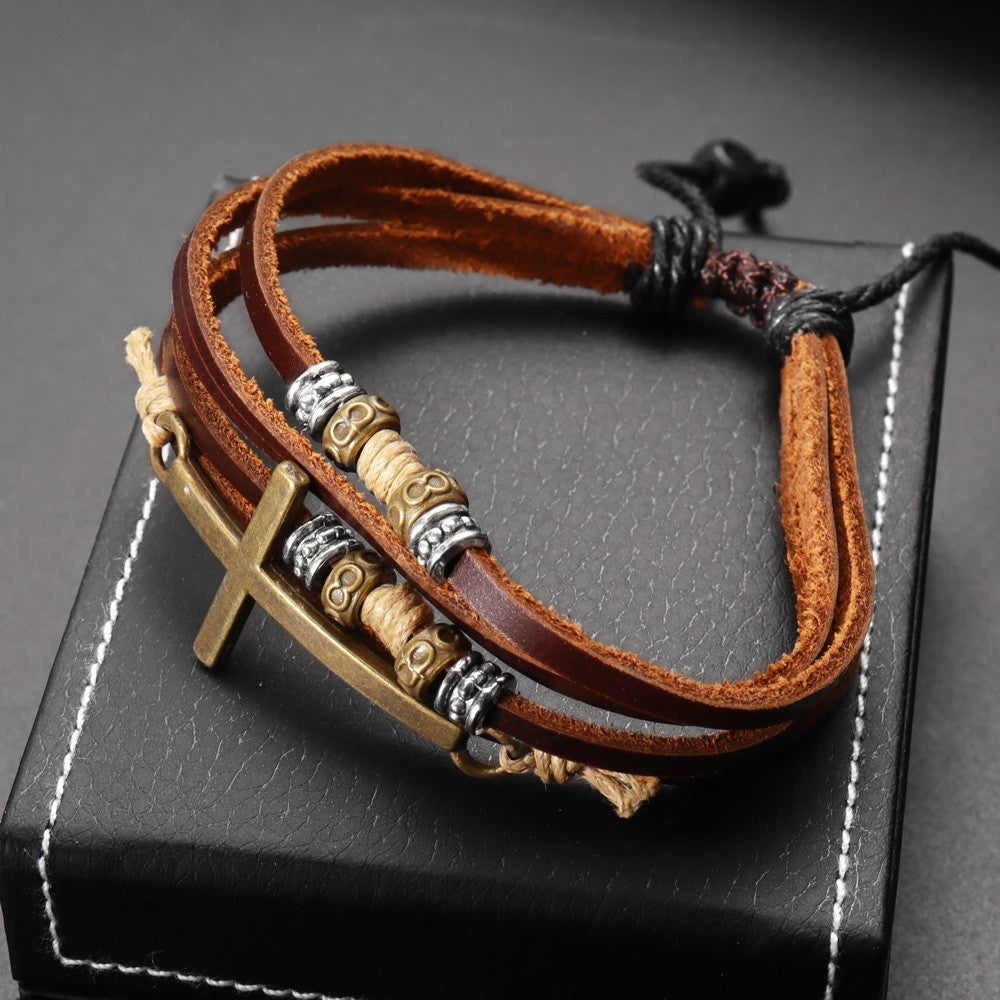 Brown Leather Wrap Cross Bracelet