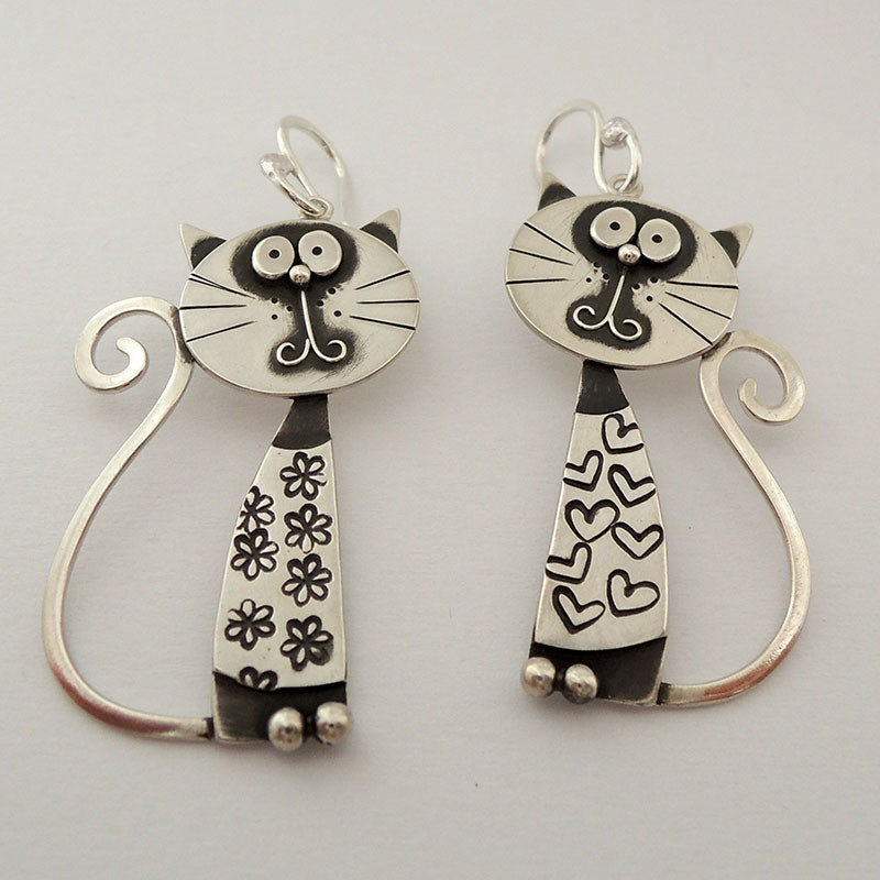 Floral & Heart Cat Dangle Earrings