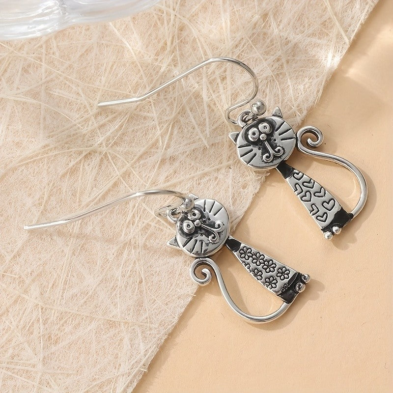 Floral & Heart Cat Dangle Earrings