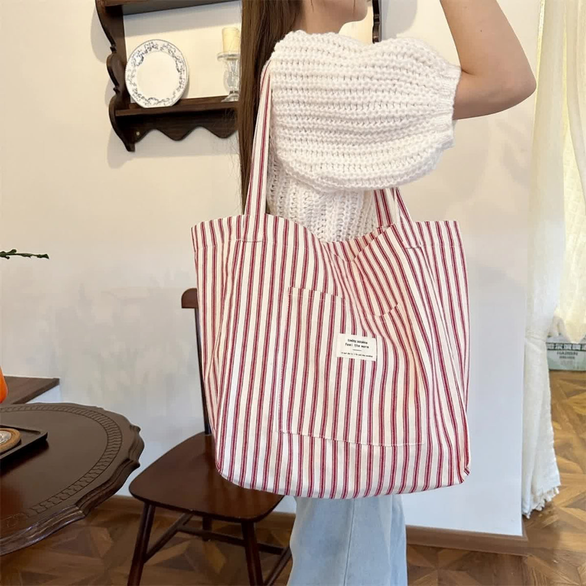 Red Striped Canvas Tote