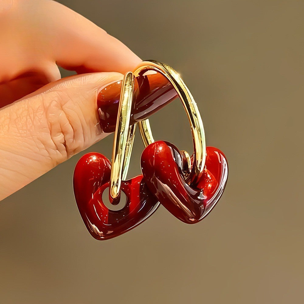 Glossy Red Heart Hoop Earrings