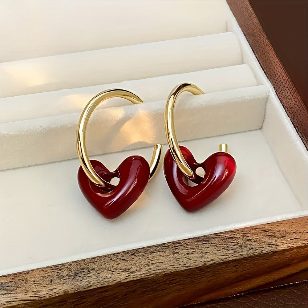 Glossy Red Heart Hoop Earrings