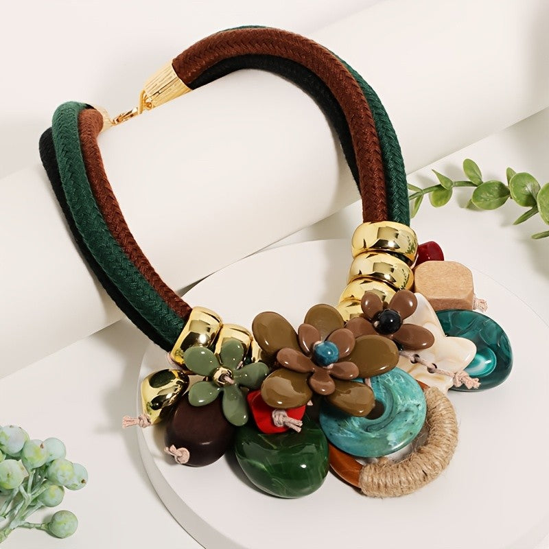 Mixed Material Floral Statement Necklace