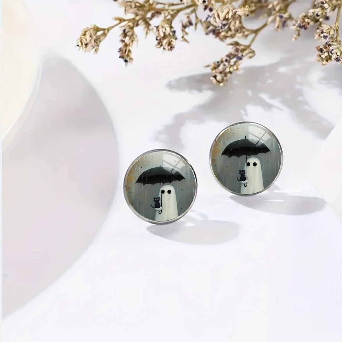 Ghost and Cat Umbrella Stud Earrings
