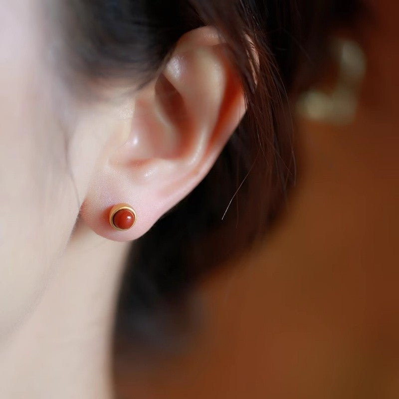 Red Cabochon Gold-Tone Stud Earrings