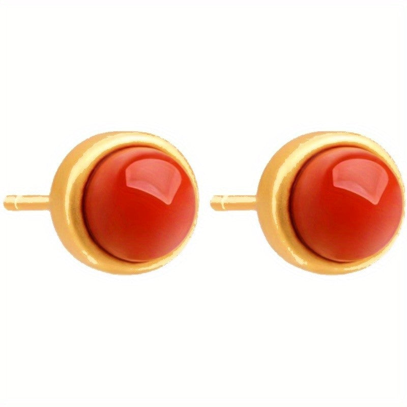 Red Cabochon Gold-Tone Stud Earrings