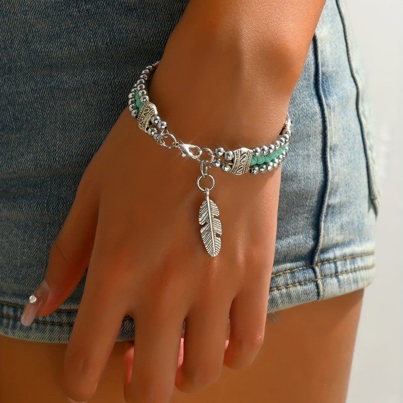 Green Bead Feather Charm Bracelet
