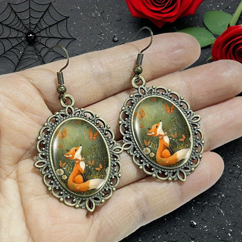 Fox and Butterfly Oval Earrings