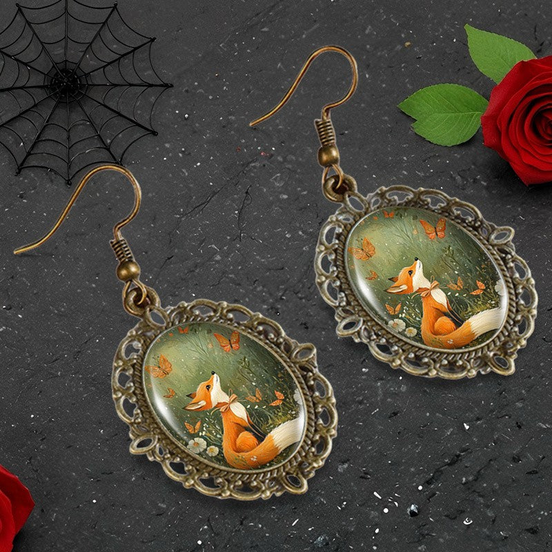 Fox and Butterfly Oval Earrings