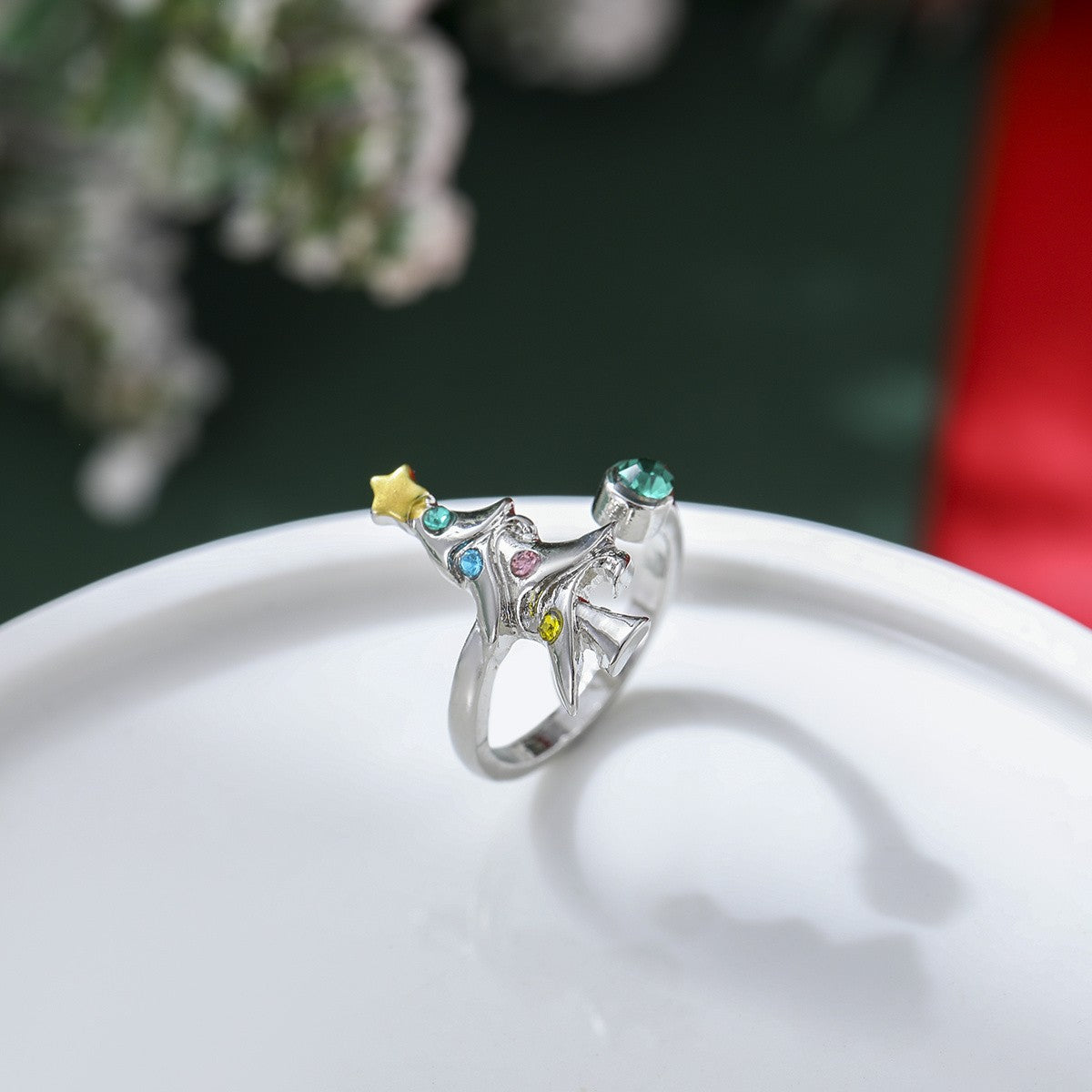 Multicolor Crystal Christmas Tree Open Ring