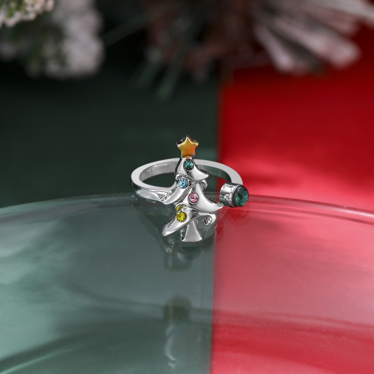 Multicolor Crystal Christmas Tree Open Ring