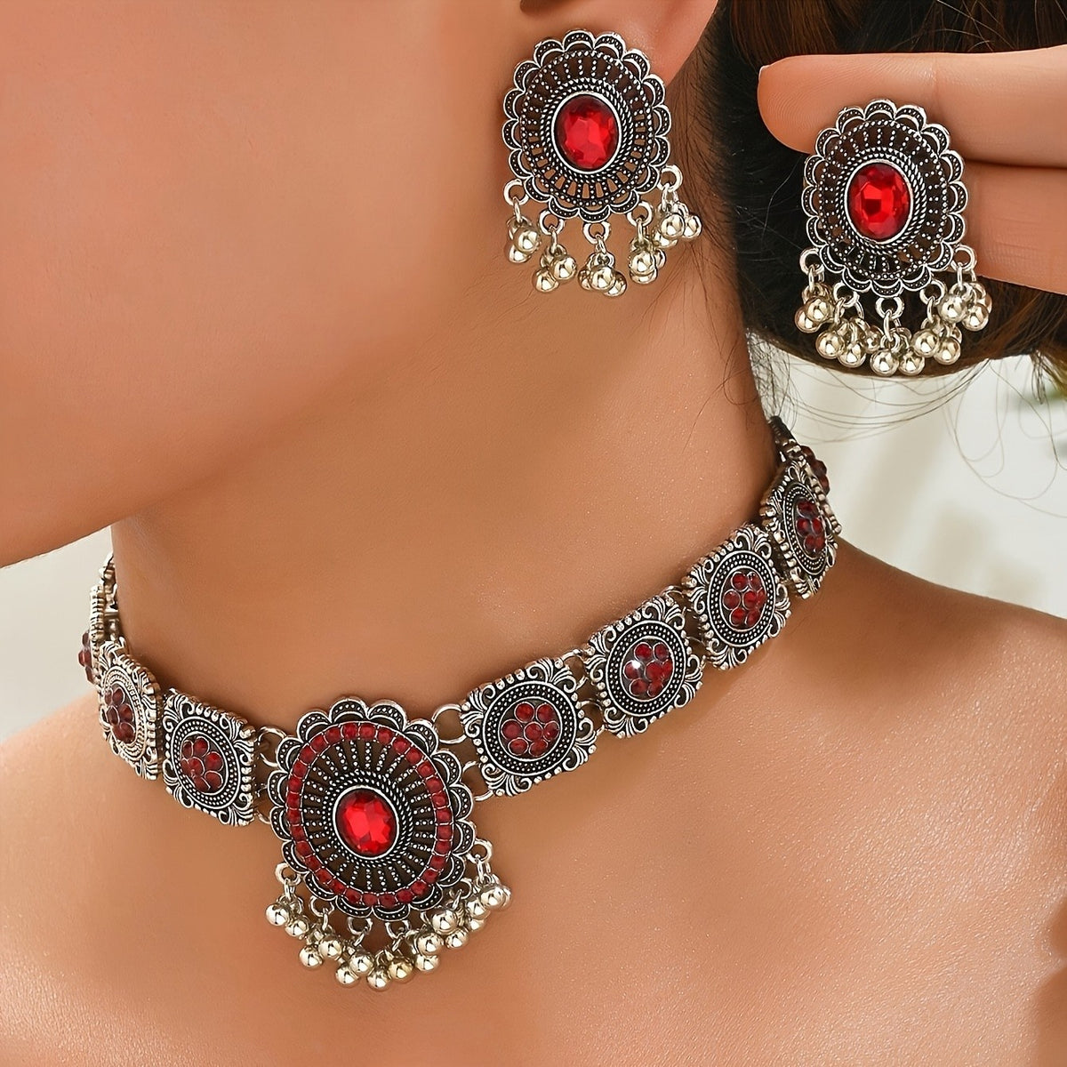 Red Gemstone Tassel Jewelry Set