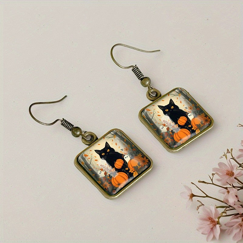 Black Cat Pumpkin Square Earrings