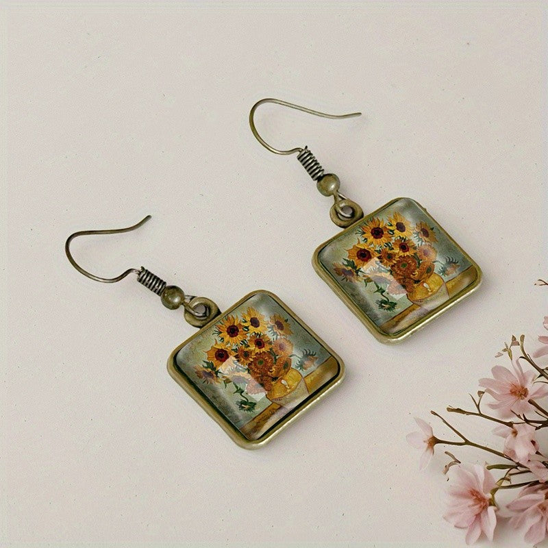 Sunflower Vase Square Drop Earrings
