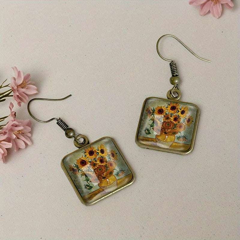 Sunflower Vase Square Drop Earrings