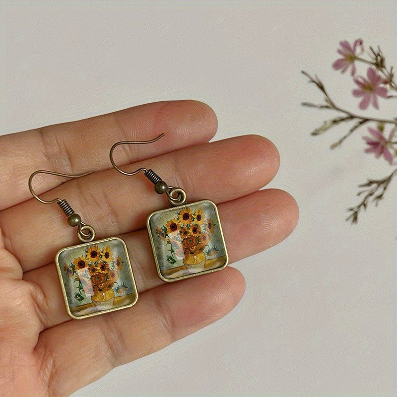 Sunflower Vase Square Drop Earrings