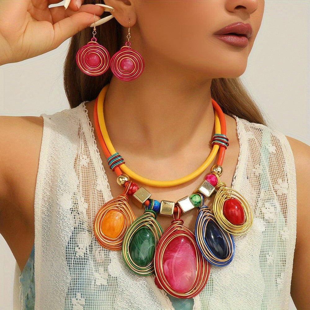 Colorful Resin Coil Statement Necklace & Earring Set