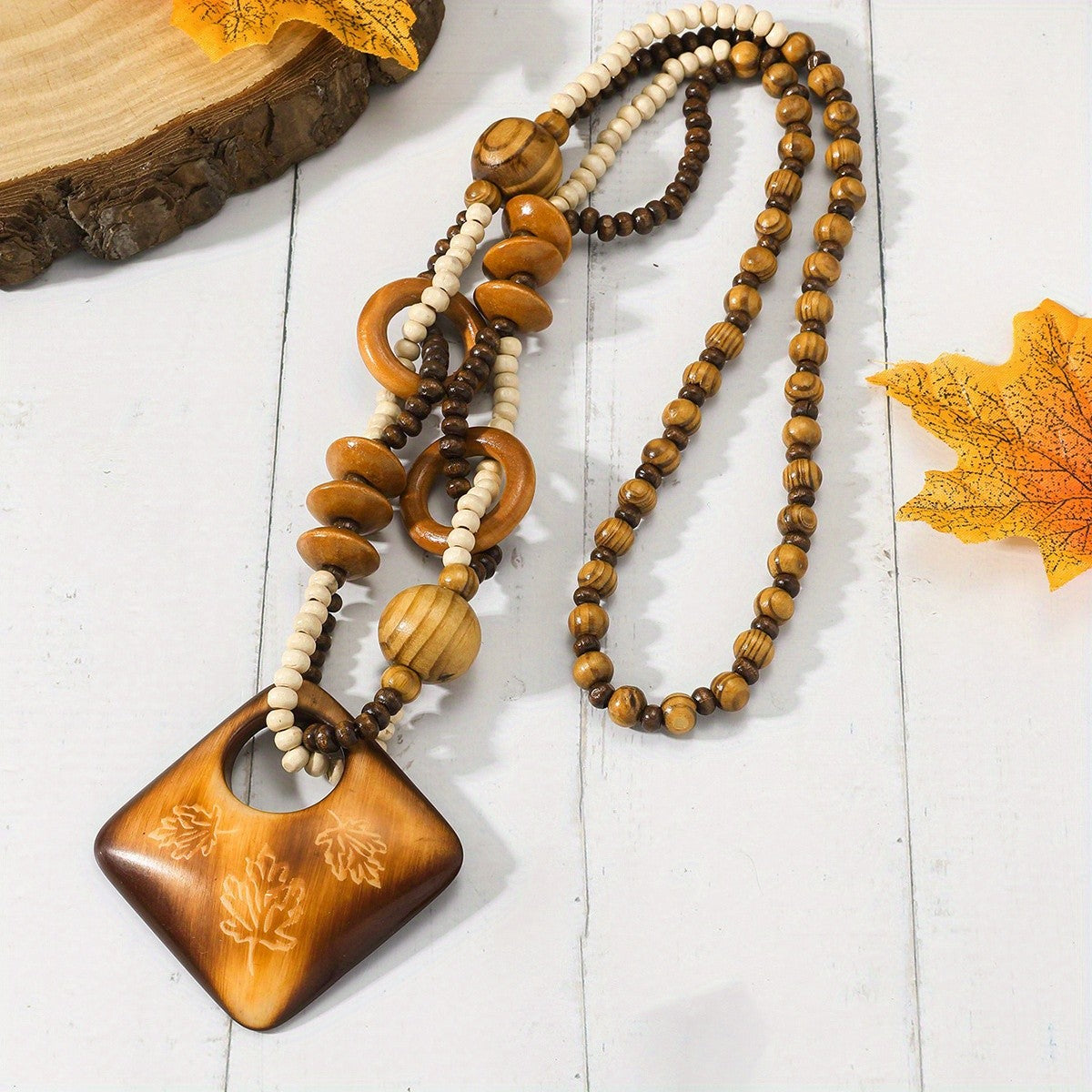 Wooden Square & Circle Bead Necklace