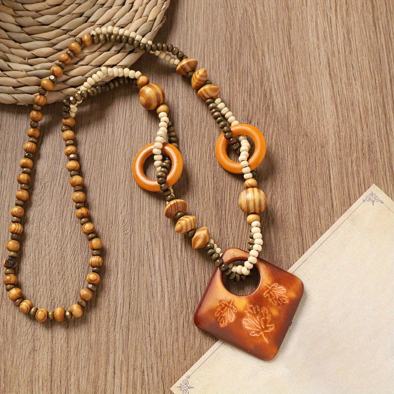 Wooden Square & Circle Bead Necklace