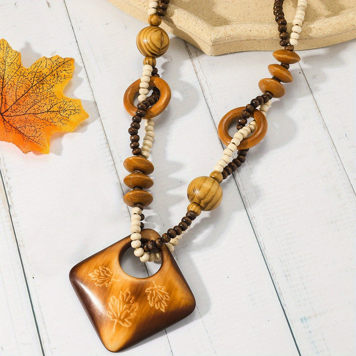 Wooden Square & Circle Bead Necklace