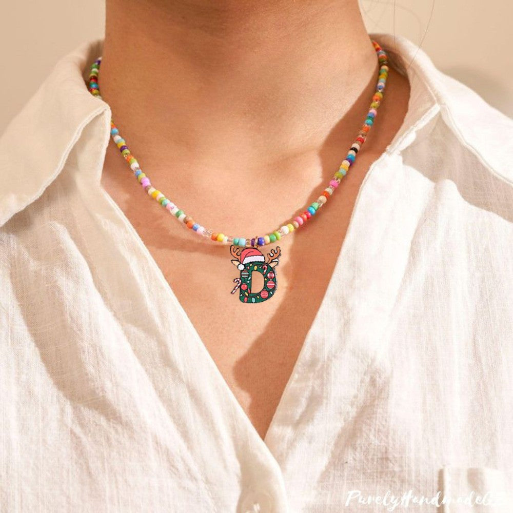 Christmas Initial Beaded Necklace