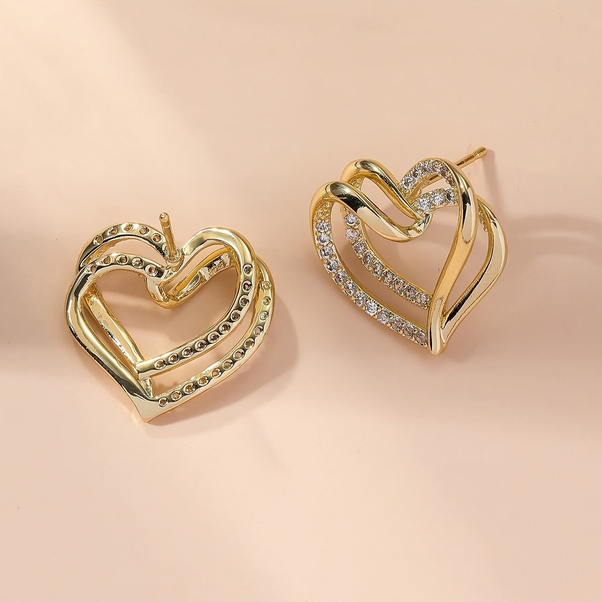 Double Heart Crystal Stud Earrings