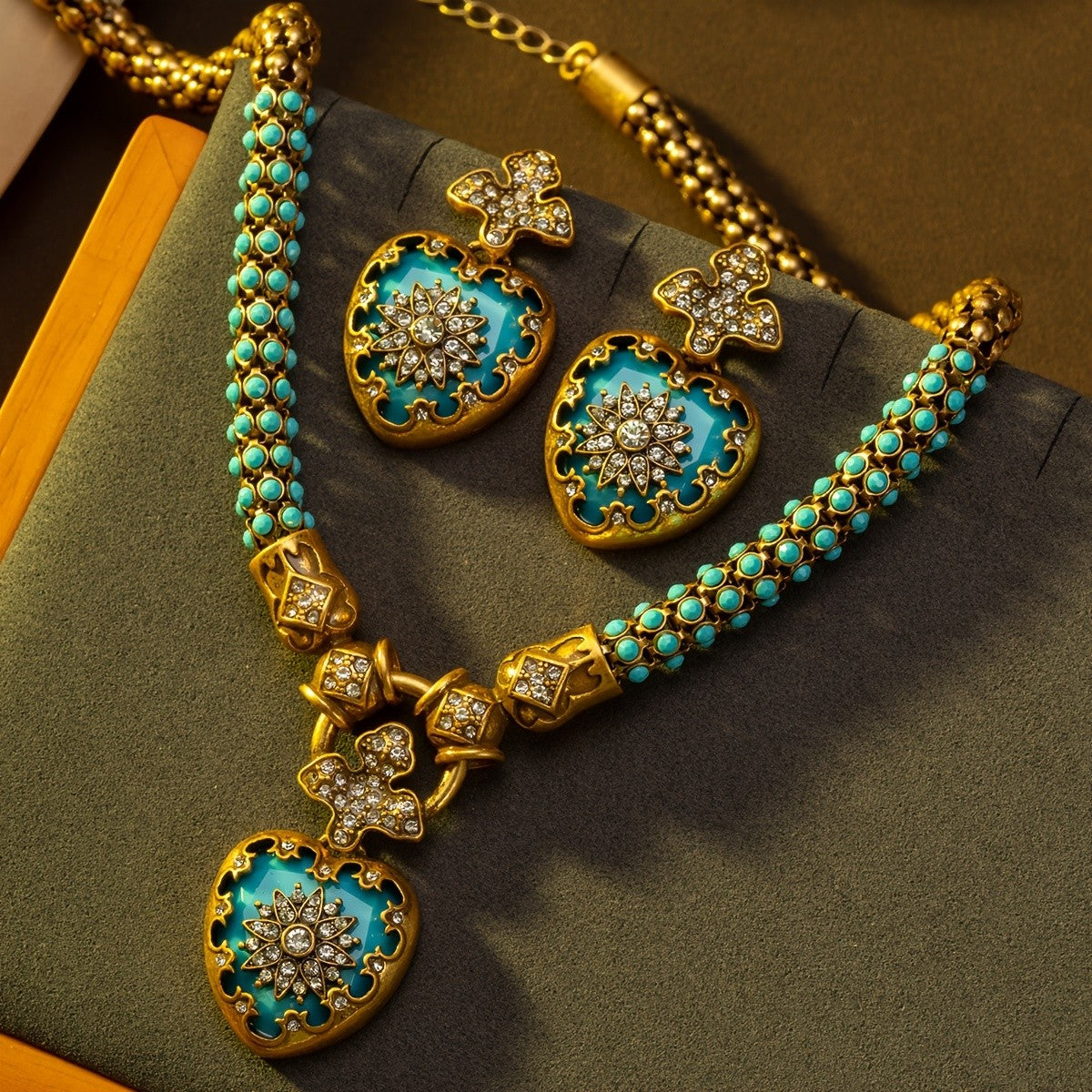 Turquoise Beaded Cross & Heart Necklace & Earring Set