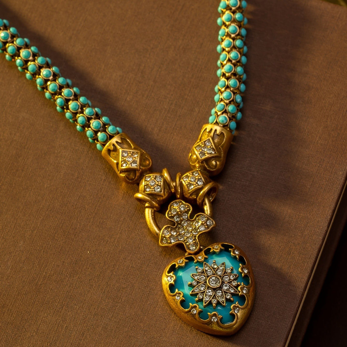 Turquoise Beaded Cross & Heart Necklace & Earring Set