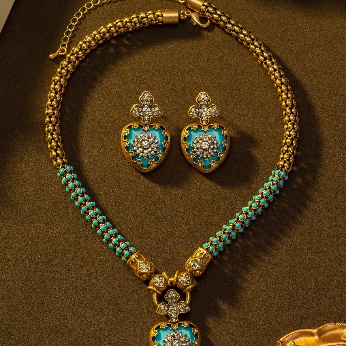 Turquoise Beaded Cross & Heart Necklace & Earring Set