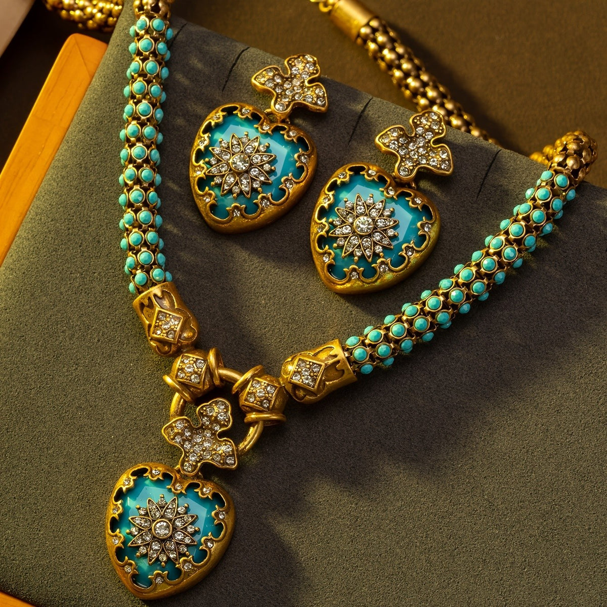 Turquoise Beaded Cross & Heart Necklace & Earring Set
