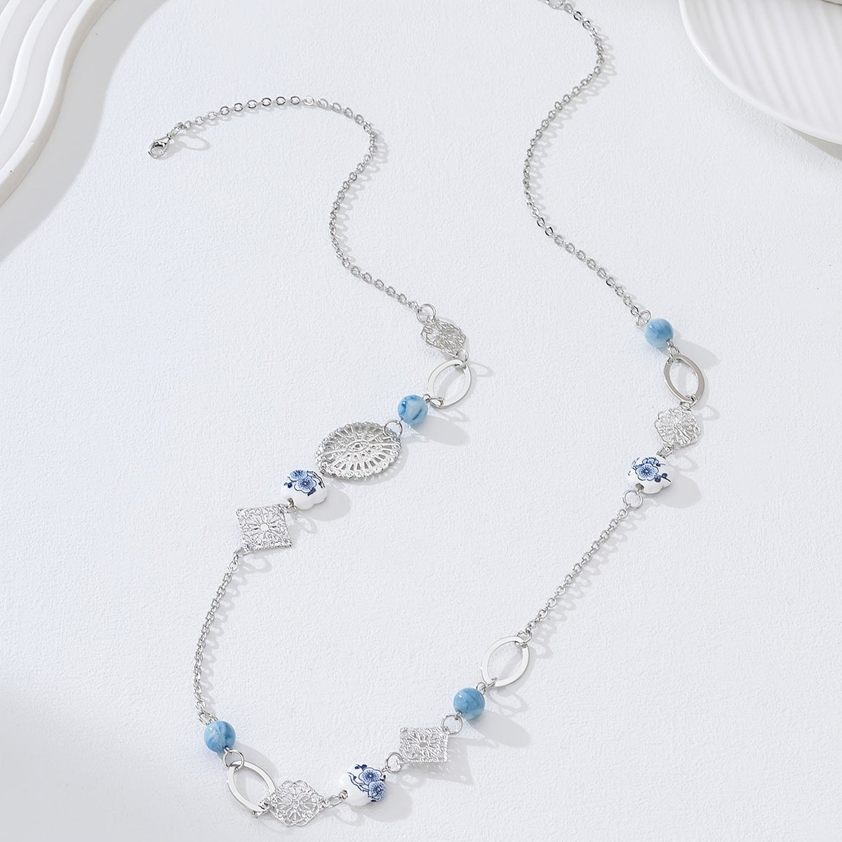 Blue Floral & Geometric Long Necklace