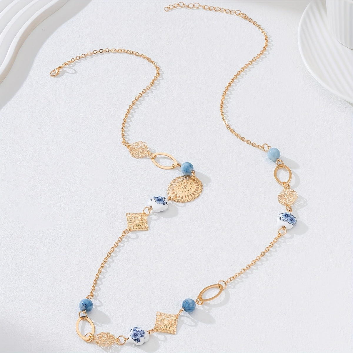 Blue Floral & Geometric Long Necklace