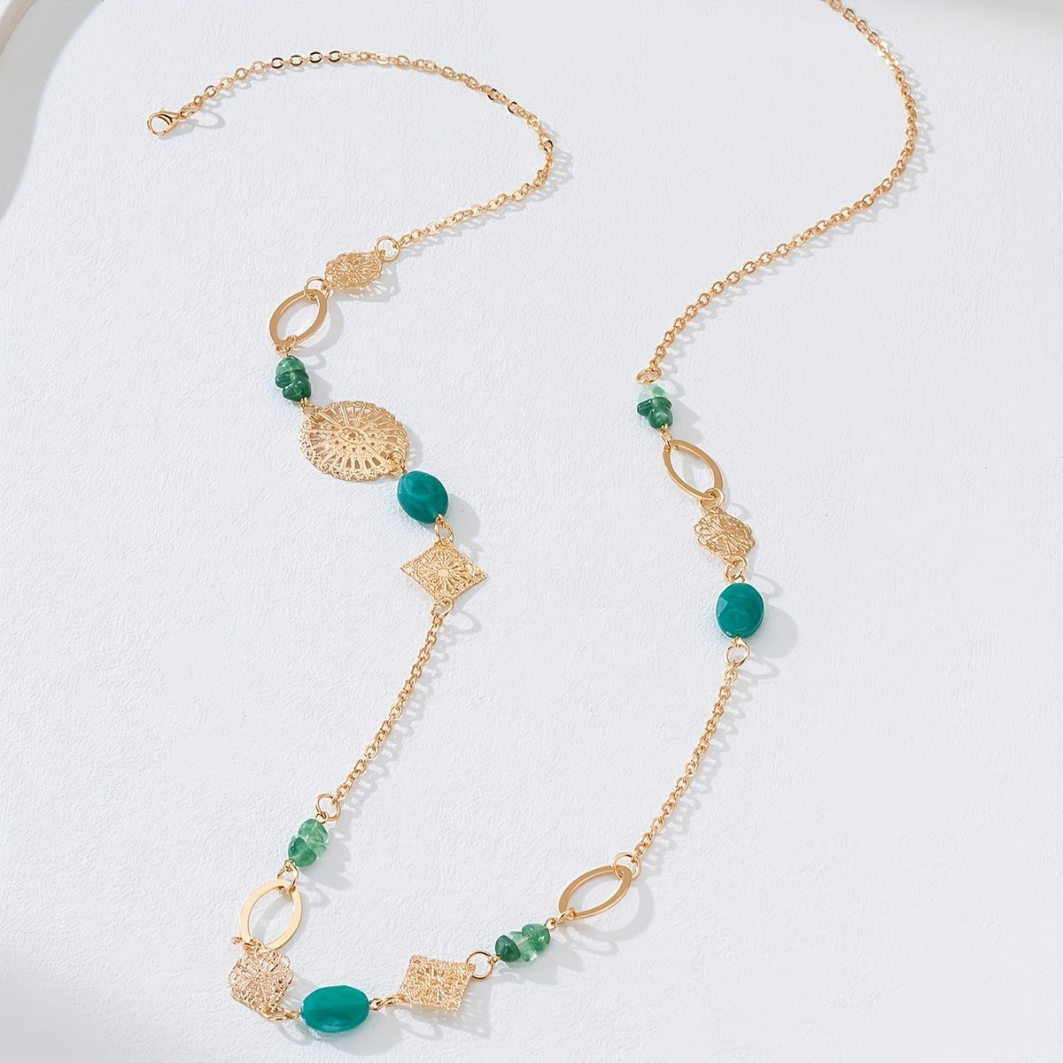 Blue Floral & Geometric Long Necklace