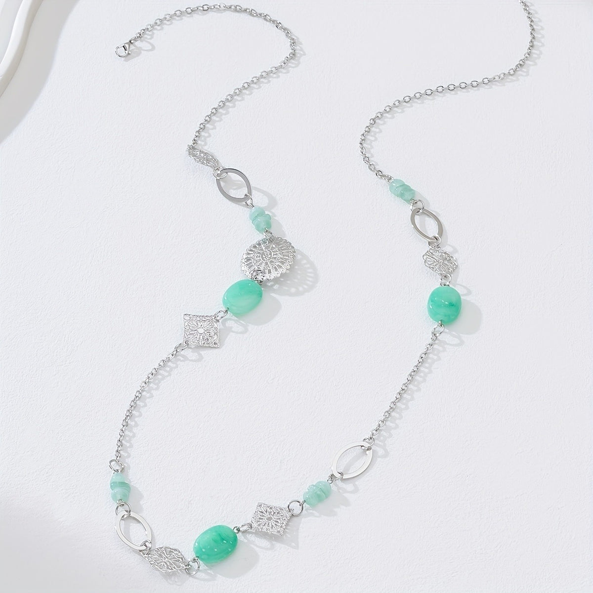 Blue Floral & Geometric Long Necklace