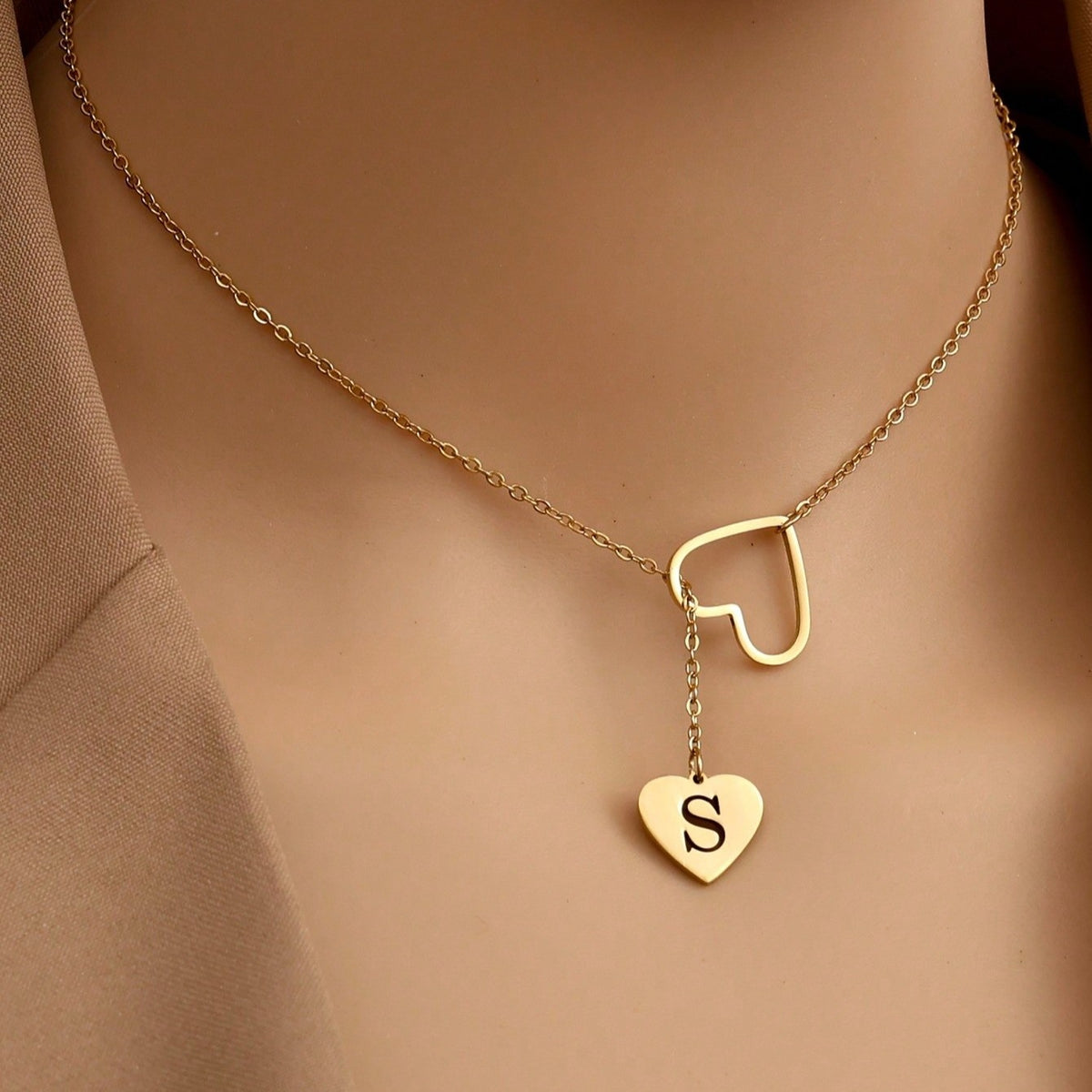 Open Heart Initial Lariat Necklace
