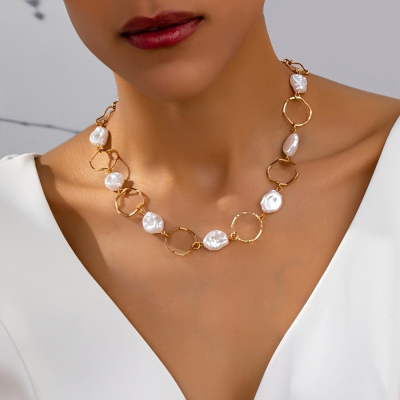 Baroque Pearl Geometric Link Necklace