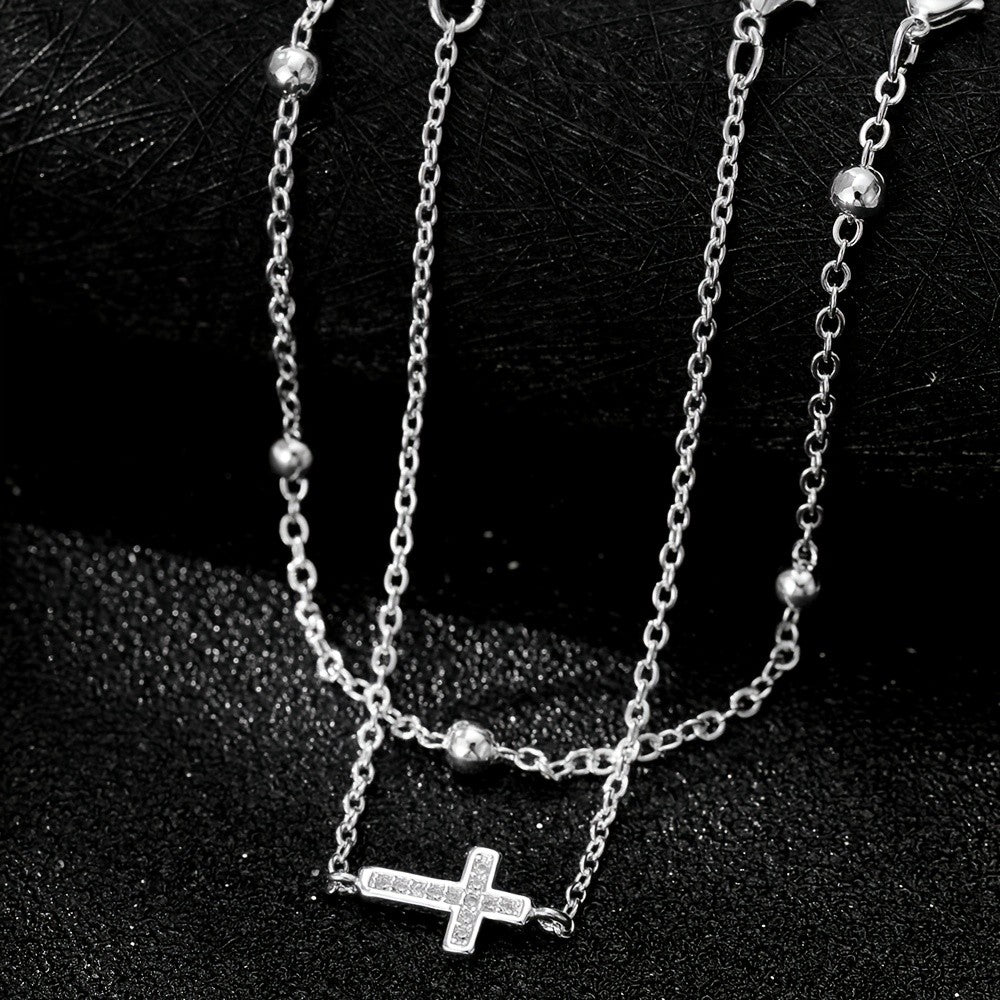 Zircon Cross & Bead Chain Bracelet Set