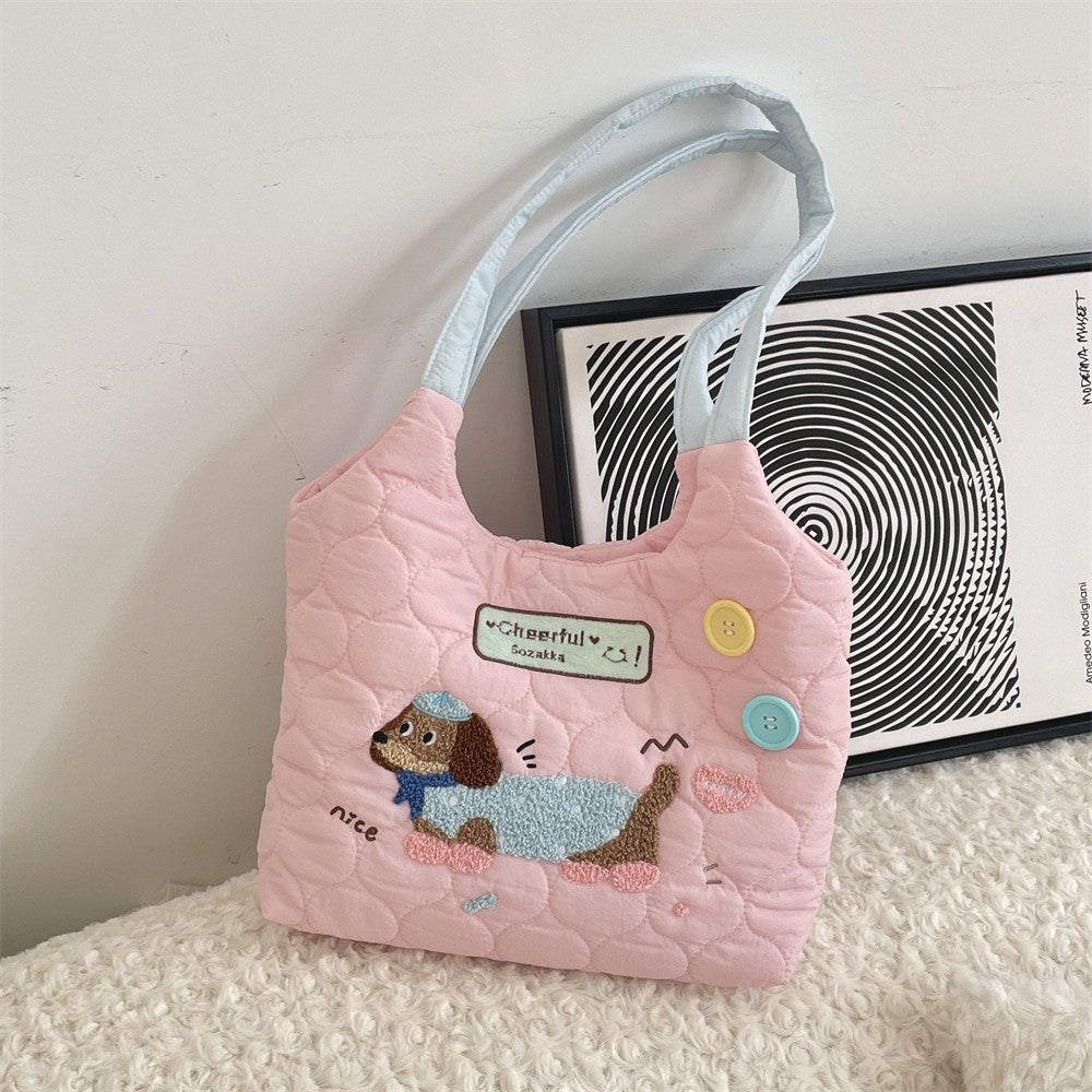 Embroidered Puppy Quilted Tote