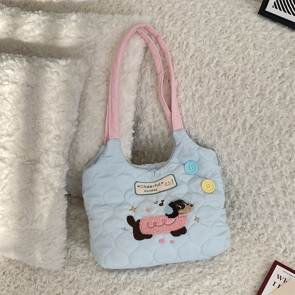 Embroidered Puppy Quilted Tote
