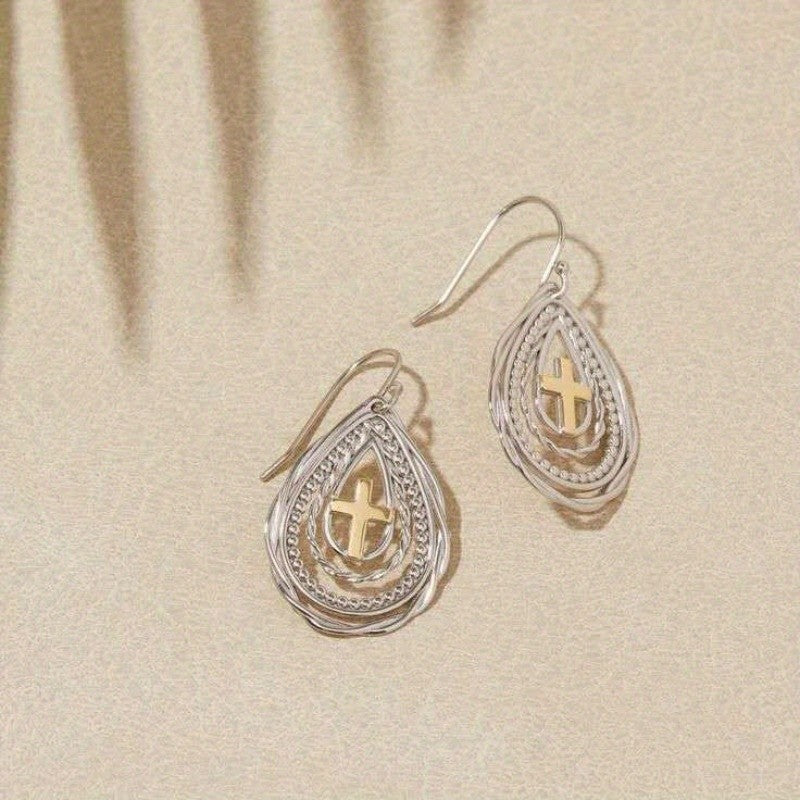 Two-Tone Cross Drop Earrings