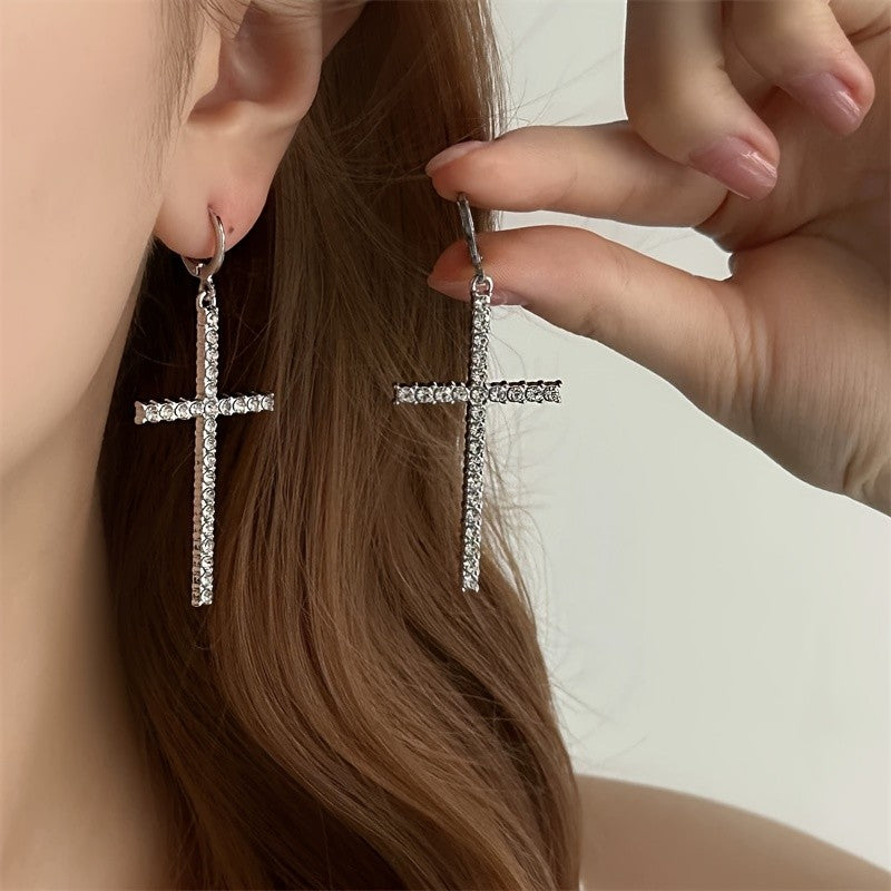 Paved Cross Drop Earrings