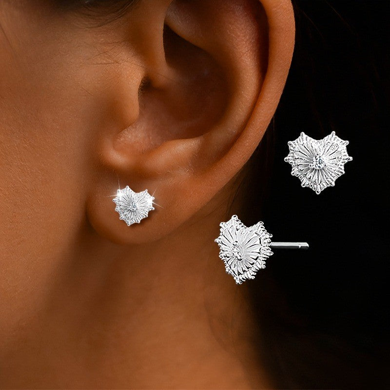 Crystal Flower Heart Stud Earrings