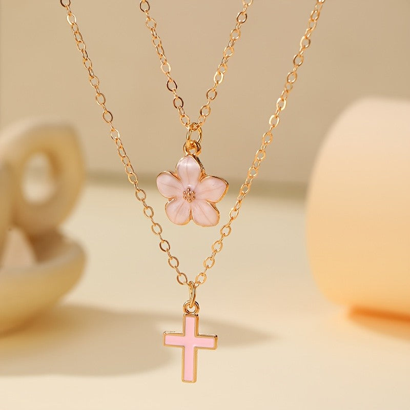 Sakura Flower & Cross Layered Necklace