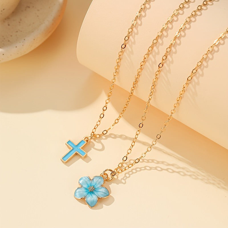 Sakura Flower & Cross Layered Necklace